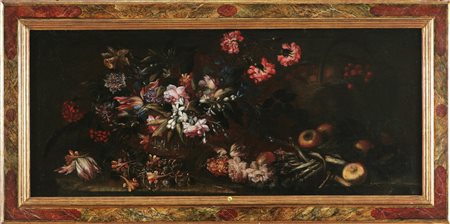 BIGGI FELICE FORTUNATO Coppia di nature morte con cesti di fiori, ciliege,...