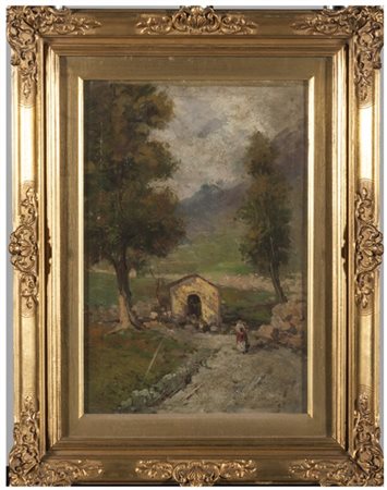 Ignoto "Paesaggio con casolare e figura" olio su tela (cm 39x27) In cornice
