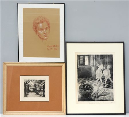 Lotto composto da un disegno raffigurante testa di uomo e due acquaforti di aut