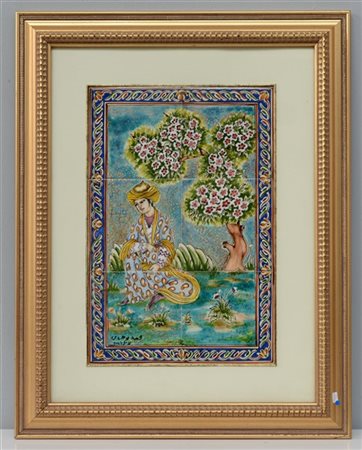 Firma indecifrata "Paesaggio con figura e albero" gruppo di sei piastrelle dipi