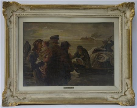 Antonio Tramajoni "I profughi" olio su compensato (cm 39x55) In cornice