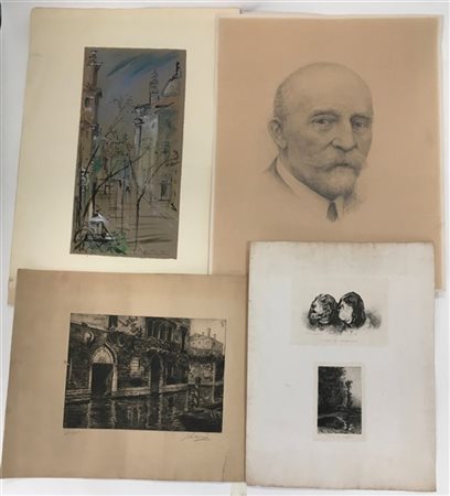 Lotto composto da un acquarello di Bruno Martini , due acqueforti e un disegno