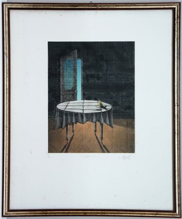 Litografia moderna raffigurante scena d'interno con tavolo, firmata e numerata.