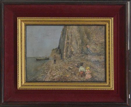 A. Martini "Scorcio con scogliera, barche e figure" olio su tela (cm 25x34) firm