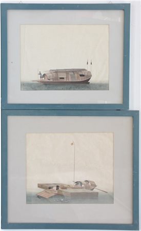 Scuola cinese sec. XIX "Imbarcazioni" coppia di acquerelli su carta di riso (cm