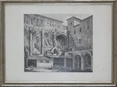 Luigi Rossini (1790-1857) "Cortile di seminario, Roma" incisione (cm 41x47,5 al