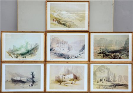 Gruppo di sette litografie a colori raffiguranti vedute orientali. In cornici (