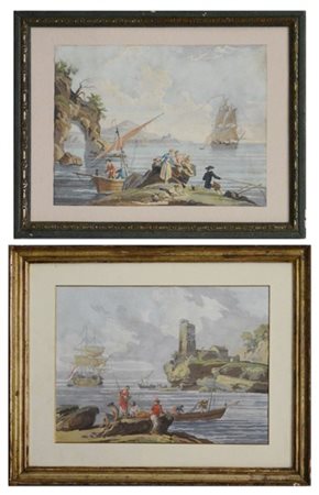 Ignoto inizio del XIX Secolo. Lotto di di due gouache raffiguranti "Marine" (cm