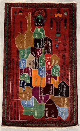 Tappeto Afghan, Turkestan Occidentale, Secolo XX. Decoro con mappa geografica p