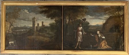 Ignoto "Noli me tangere" e "Paesaggio" coppia di antichi dipinti ad olio su tav