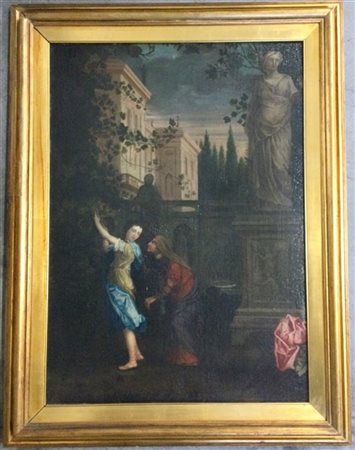 Scuola del secolo XVIII "Vertumno e Pomona" olio su tela (cm 70x50). In cornice