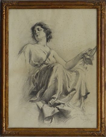 Achille Beltrame "Figura allegorica della chimica" carboncino su carta (cm 64x50