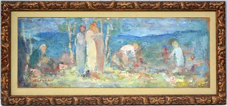 Sever Burada "Paesaggio con figure" olio su tela incollata su compensato (cm 24x