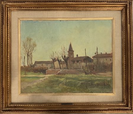 Daniele Fontana "Borgo lombardo" olio su compensato (cm 43x54) Firmato in basso