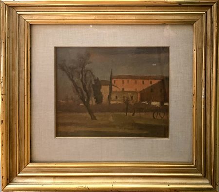 Nino Bertocchi "Case" 1948, olio su tela applicata a cartone (cm 22,5x27) Firmat