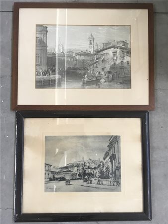 Lotto composto da sei stampe: due raffiguranti scene di caccia (cm 25x37 circa