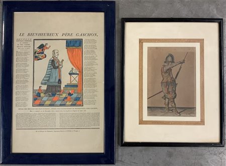 Lotto composto da due stampe a colori, di cui una raffigurante un archibugiere