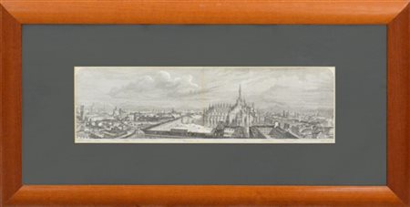Incisione raffigurante scorcio di Milano a volo d'uccello (cm 15x52) in cornice