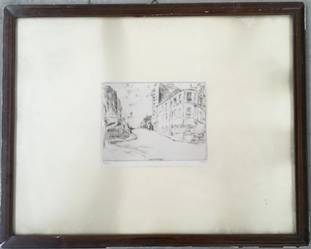 Stampa raffigurante scorcio di città, firmata "Brenson" in basso a sinistra. In