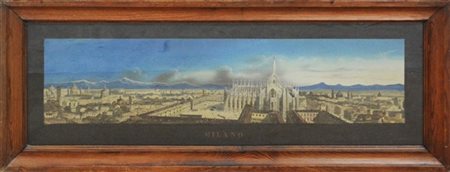 Litografia a colori ritoccata a mano raffigurante veduta di Milano a volo d'ucc