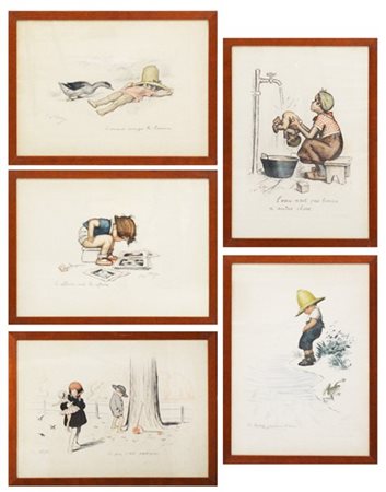 Lotto di cinque stampe raffiguranti scene umoristiche da Georges Renon (cm 30x4