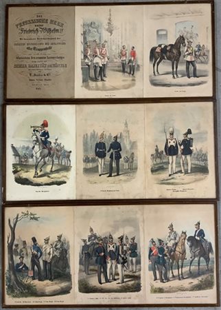 Gruppo di ventinove stampe a colori e un frontespizio raffiguranti le truppe de