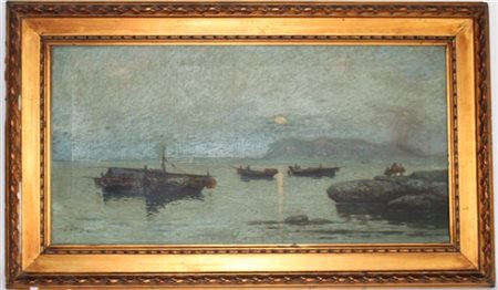 Erminio Kremp "Notturno con barche e pescatori" olio su tela (cm 45x90) Reca fir