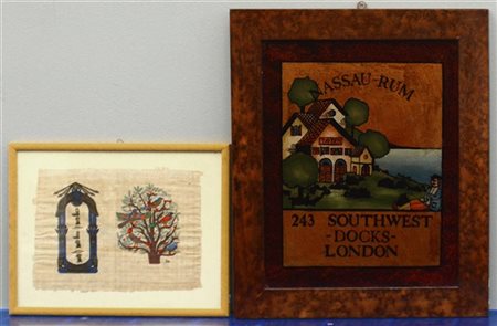 Lotto composto da un verre peint pubblicitario e un souvenire dipinto su papiro