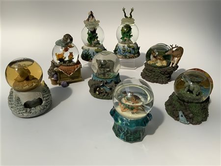 Gruppo di otto boules de neige con carillon a tema animali. Vetro e resina poli