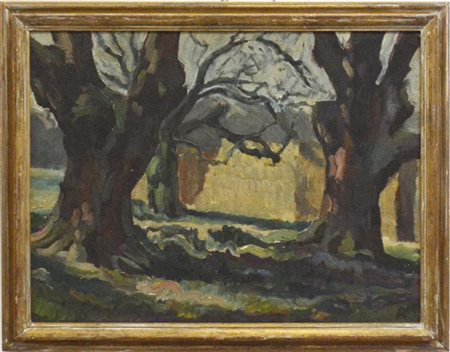 Firma indecifrata "Hatfield Park" 
olio su masonite
cm 45x60
siglato AM in basso