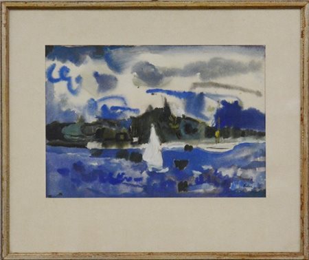 Firma indecifrata "Paesaggio con barca a vela" 
tecnica mista su carta
cm 33x47