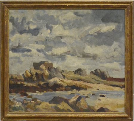 Firma indecifrata "Paesaggio" 
olio su masonite
cm 53x59,5
tracce di etichetta a