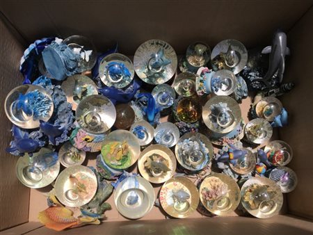 Cartone contenente numerose boules de neige a tema marino di dimensioni differe