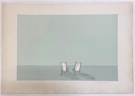 Firma indecifrata "Senza titolo" 
litografia a colori raffigurante due sdraio
cm