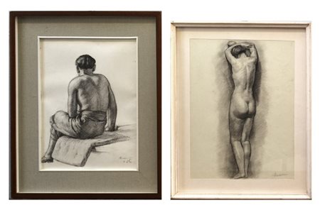 Baccarini Lotto di due disegni a matita raffiguranti "Nudi di schiena" (misure d