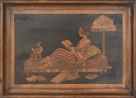Ignoto, "La lettrice col cagnolino", pannello intarsiato in legni vari (cm 34x5