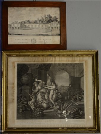 Lotto composto da due incisioni di cui una con scena allegorica in cornice dora
