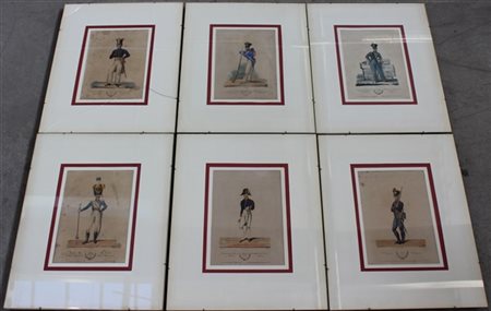 Lotto di sei litografie dipinte a mano in cornice raffiguranti ufficiali e trup