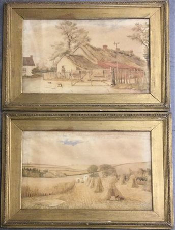 Robert Clarkson "Colline inglesi" e "Villaggio" coppia di acquerelli (cm 51x77)