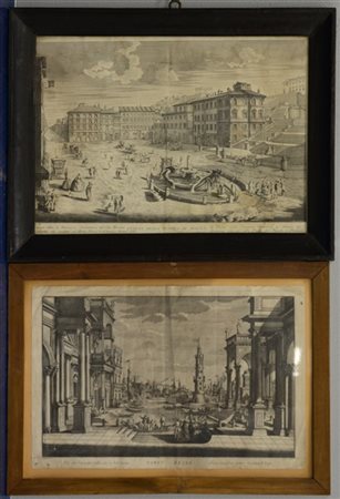 Lotto composto da due incisioni raffiguranti una scena portuale e una veduta di