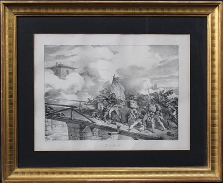 Lotto composto da tre litografie, una in cornice di legno dorato raffigurante l