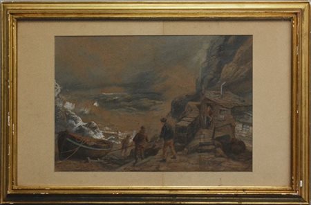 Edward Duncan "Mareggiata e figure" acquerello su carta (cm 37x54) firmato in ba