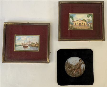 Lotto di tre miniature diverse raffiguranti un edificio religioso, uno scorcio