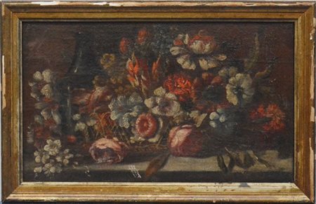 Firma indecifrata "Natura morta con fiori" olio su tela (cm 30x50) Firmato in b