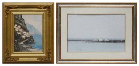 Lotto di due dipinti ad olio su supporti diversi, raffiguranti paesaggi, autori