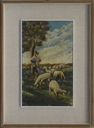 Ignoto "Pastore con gregge" olio su cartone pressato (cm 36x21) In cornice