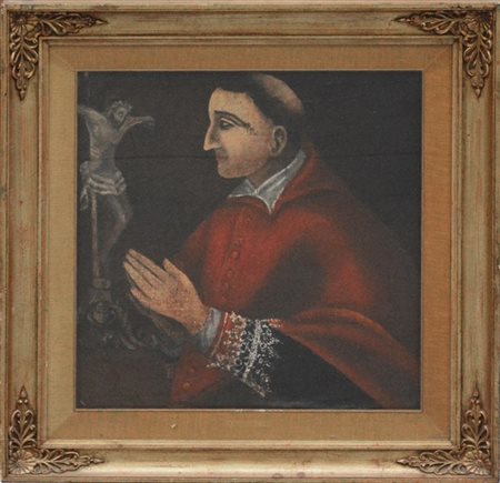 Ignoto "San Carlo Borromeo" antico dipinto ad olio su tela applicata su compens