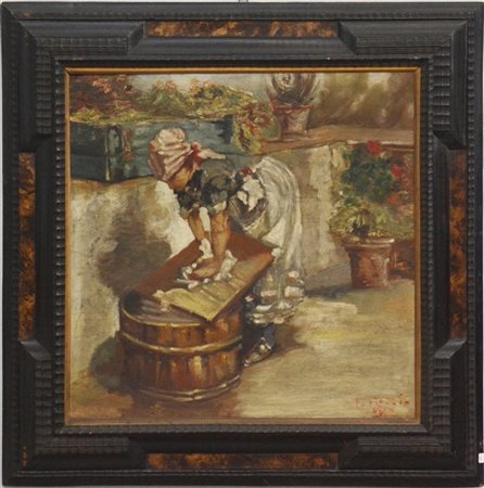 Firma indecifrata "La lavandaia" olio su compensato (cm 64x64) Firmato e datato