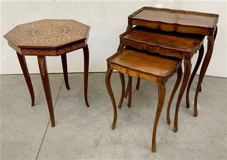 Lotto composto da un set di tre tavolini a nido ed un tavolino da lavoro con ca