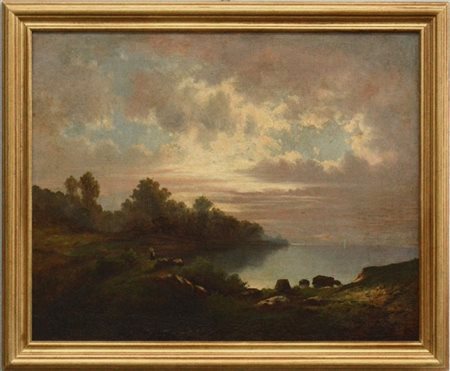 Edmond Van der Haeghen "Paesaggio lacustre al tramonto" olio su tela (cm 55x68)